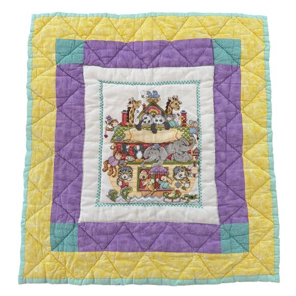 Vintage Handmade Animal Themed Baby Quilt Noah's Ark Cross-Stitch Zoo Wall Decor - Picture 1 of 7